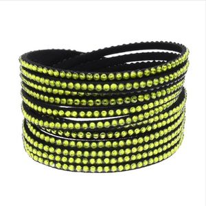Multilayer Green Stud Black Leather Wrap Bracelet